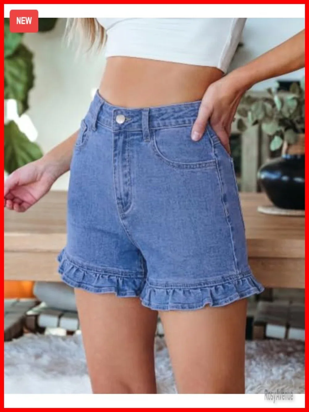 High Waisted Stretchy Denim Shorts with Ruffle Hem 4